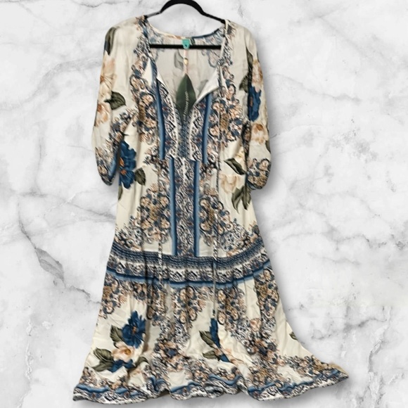 NWT Farm Rio Blue and White floral short sleeve v neck maxi dress sz M - Picture 1 of 11